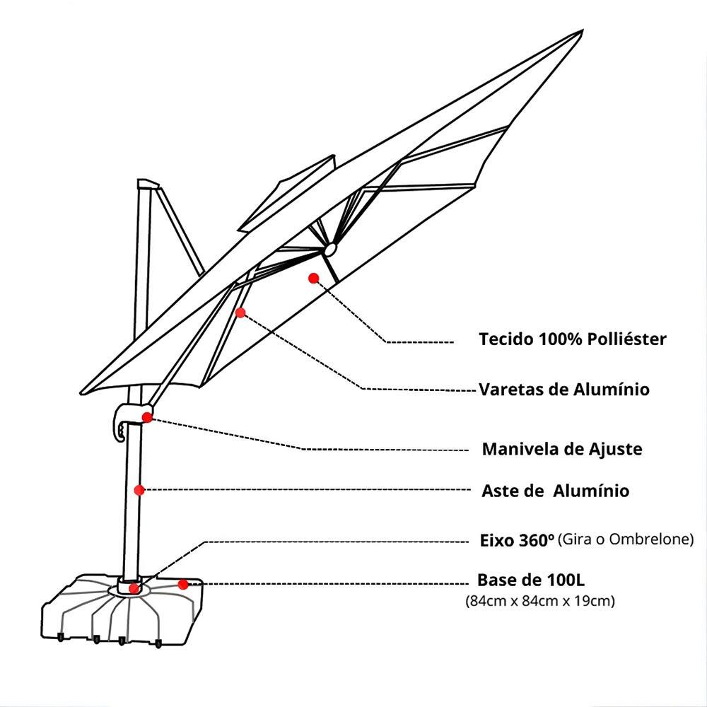 Ombrelone Guarda Sol Premium Alumínio Cáqui 3x3m C/ Base de 120L