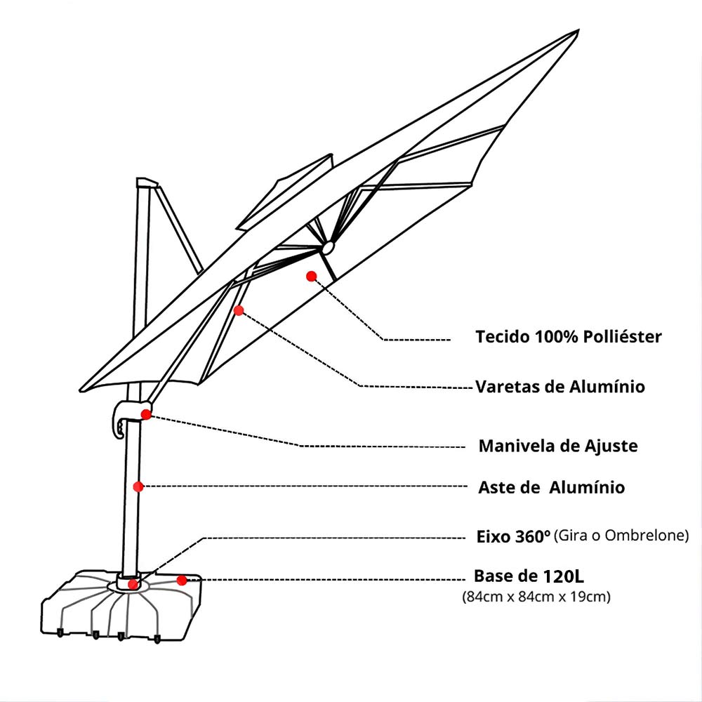 Ombrelone Guarda Sol Premium Alumínio Cáqui 3x3m C/ Base de 120L