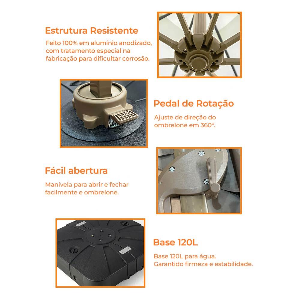 Ombrelone Guarda Sol Premium Alumínio Cáqui 3x3m C/ Base de 120L